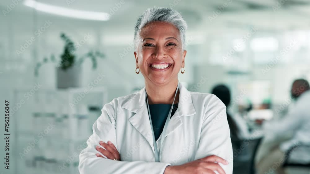 Sticker Mature woman, work and lab with smile for research with confidence for cure development as scientist. Female person, medicine and discovery with happiness on dna results, portrait and treatment