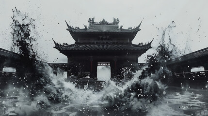 japan art, China art, original, Lofi style, anime style, Tri-Style, black and white temple 