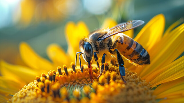 A diligent bee is busy at work pollinating a bright sunflower, with a soft focus on a field of sunflowers glowing in the background.