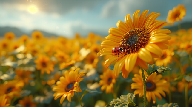 A diligent Ladybug is busy at work pollinating a bright sunflower, with a soft focus on a field of sunflowers glowing in the background.