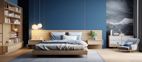 Stylish bedroom interior with trendy blue and light wood textures