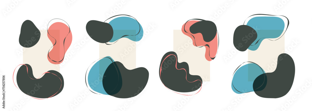 Poster Set of color various abstract hand drawn wavy shapes and outlines for creative graphic design. Vector illustration.