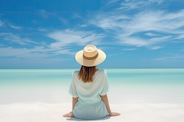 Fototapeta na wymiar A woman wearing a straw hat is sitting on the beach