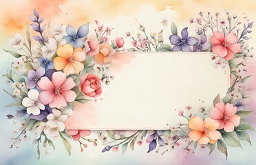 watercolor illustration of a large copyspace for a note with small white and spring flowers on the left side on a soft pastel background with a hint of floral pattern.