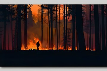 a silhouette of a man person standing in front of a forest wildfire. woods and house burning. maui hawaii nature catastrophe. dark night outside. pc desktop wallpaper background 16:9.Generative AI