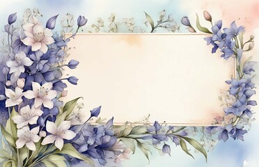 watercolor illustration of a large copyspace for a note with small white and bluebell flowers on the left side on a soft pastel background with a hint of floral pattern.