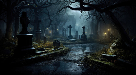Creepy old cemetery at nigh, full moon in the background: horror and Halloween concept - obrazy, fototapety, plakaty