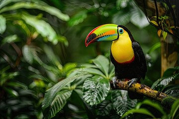 A colorful toucan perched on a branch in a rainforest canopy