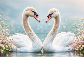 Two white swans are facing each other on a body of water. There are pink flowers on the side of the image. Wedding, engagement, Valentine's Day, Romantic card, banner, background.