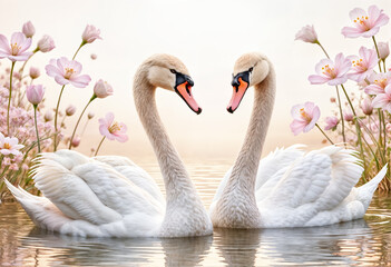 Obraz premium Two white swans are facing each other on a body of water. There are pink flowers on the side of the image. Wedding, engagement, Valentine's Day, Romantic card, banner, background.