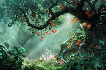A mystical orchard where each fruit is guarded by tiny dragon-like creatures with sweet scents - obrazy, fototapety, plakaty