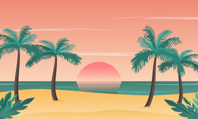 Fototapeta na wymiar Sunset on the beach with palm trees. Vector illustration.