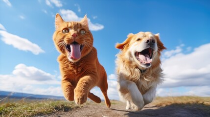 A cat and a dog are running together in the grass