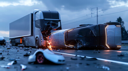 Dramatic scene of autonomous futuristic trucks collision, accident on the road.