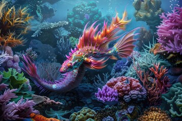 A vibrant coral reef where every fish is a miniature aquatic dragon with vivid scales and fins