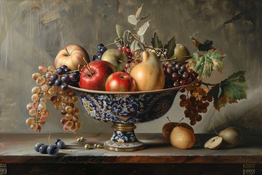 A vintage still life painting of a fruit bowl reimagined in a modern setting