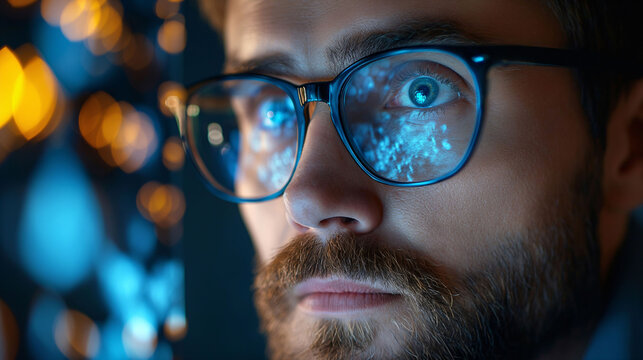 Close-up of a man with glasses looking at a screen, reflections of technology interface on lenses.
