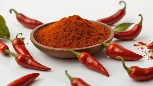 red hot chili pepper, chili powder on white background 
