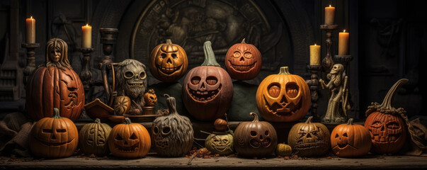 Halloween pumpkins in row. - obrazy, fototapety, plakaty