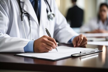 Close-up of a doctor taking notes. Medicine and healthcare concept - obrazy, fototapety, plakaty