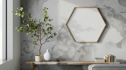 Obraz na płótnie Canvas Hexagonal shape mockup photo frame resin border, on book shelf in modern living room, 3d render