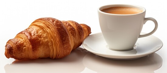 A croissant and a cup of coffee are placed on a saucer on the table, making for a delightful breakfast spread