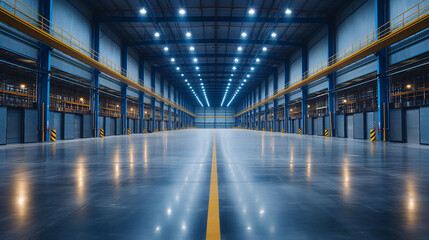 Modern empty warehouse interior with symmetrical perspective, blue lighting, and reflective floor.