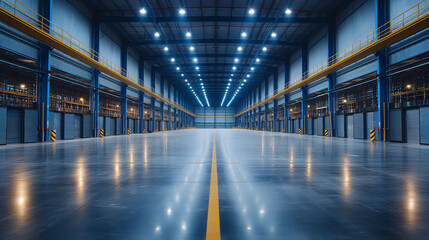 Obraz premium Modern empty warehouse interior with symmetrical perspective, blue lighting, and reflective floor.
