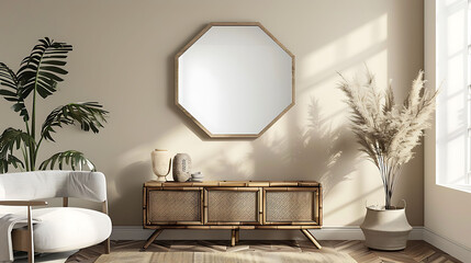Hexagonal shape mockup photo frame bamboo border, on chest drawer in modern living room, 3d render