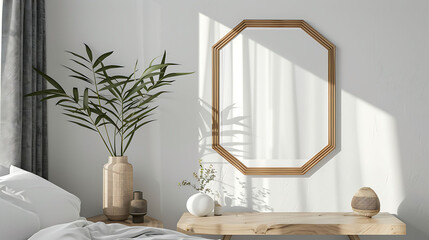 Fototapeta na wymiar Hexagonal shape mockup photo frame bamboo border, on bedside table in modern living room, 3d render