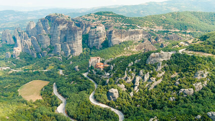 Meteora, Kalabaka, Greece. Holy Monastery of Rousanos - Saint Barbara. Meteora - rocks, up to 600 meters high. There are 6 active Greek Orthodox monasteries listed on the UNESCO list, Aerial View