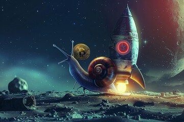 high quality details photo stock , snail on the rocket to the moon with bitcoin background