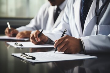 Close-up of a doctor taking notes. Medicine and healthcare concept - obrazy, fototapety, plakaty