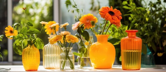 of a yellow flower in an orange bottle next to glass flowerpots and vases, representing florist garden design elements.