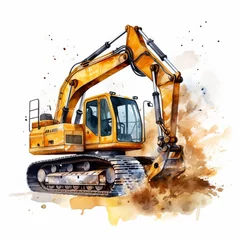 Fotobehang Watercolor illustration yellow excavator, сlipart high quality with a lot of details on white background for online transportation freight delivery service. © Анастасия Комарова