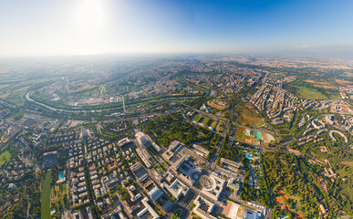 Fototapeta na wymiar Rome, Italy. World Exhibition Quarter - EUR. Panorama of the city on a summer morning. Sunny weather. Aerial view
