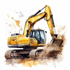 Watercolor illustration yellow excavator, сlipart high quality with a lot of details on white background for online transportation freight delivery service.