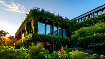 A Eco green building adorned with an abundance of trees and shrubs, featuring a green roof and plant-covered walls to accentuate urban greenery. Perfect for Earth Day, World Environment Day