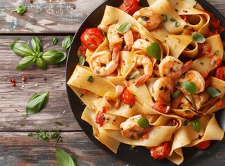 Delicious Pappardelle Pasta with Shrimp and Tomato Sauce Garnished with Fresh Basil