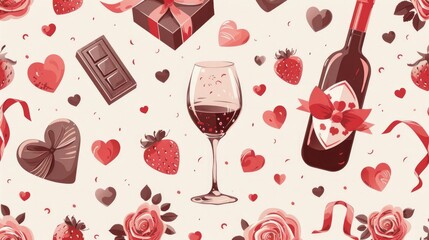 Seamless pattern with romantic elements for Valentines Day, sweets, ribbons, flowers, chocolate, glass, wine, hearts, gift, vector background