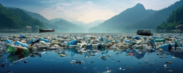 Pollution concept. Lot of plastic bottles or garbage in lake. - obrazy, fototapety, plakaty