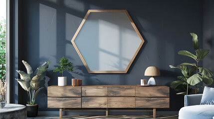 Hexagonal shape mockup photo frame wooden border, on chest drawer in modern living room, 3d render - obrazy, fototapety, plakaty