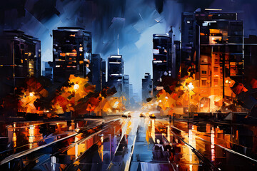 lights of the city. light of the city. city ​​panorama painting using a palette knife at night