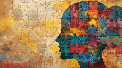 Human head silhouette with multicolored puzzle pattern on wooden background, complex thinking.