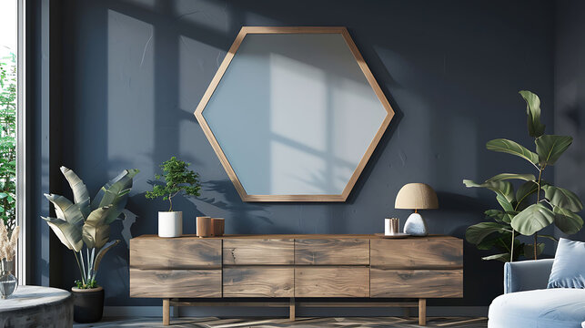 Hexagonal shape mockup photo frame wooden border, on chest drawer in modern living room, 3d render