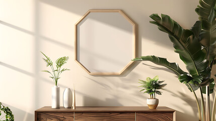 Hexagonal shape mockup photo frame plastic border, on dresser in modern living room, 3d render