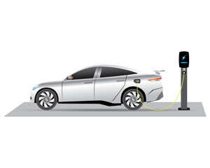 Concept illustration Racing with Power cable pump plug in charging power to electric vehicle EV car.