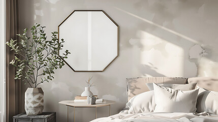 Hexagonal shape mockup photo frame metal border, on bedside table in modern living room, 3d render