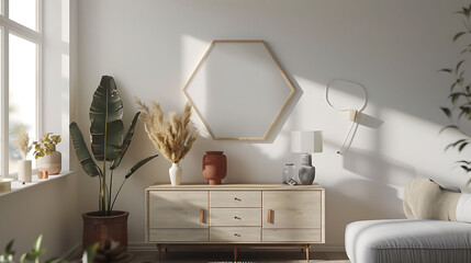Hexagonal shape mockup photo frame resin border, on chest drawer in modern living room, 3d render