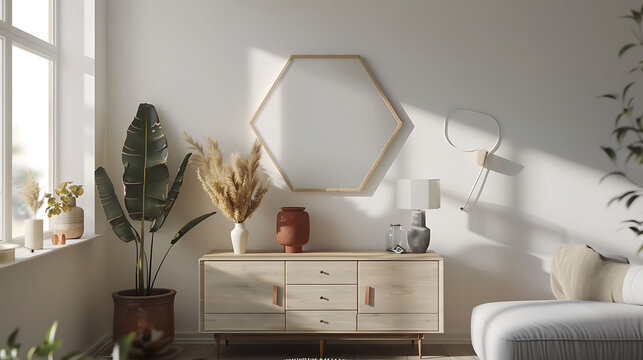 Hexagonal shape mockup photo frame resin border, on chest drawer in modern living room, 3d render